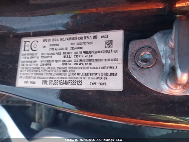 5YJ3E1EA4NF333123 Tesla MODEL 3