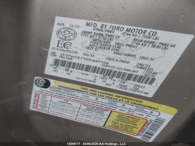 12545717 :رقم المزاد ، 1FTFW1ET1DFA97102 vin ، 2013 Ford F150 Supercrew مزاد بيع