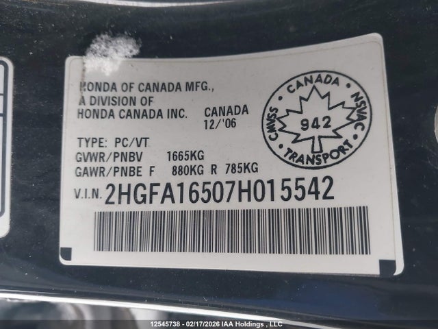Продаж на аукціоні авто 2007 Honda Civic Lx, vin: 2HGFA16507H015542, номер лоту: 12545738