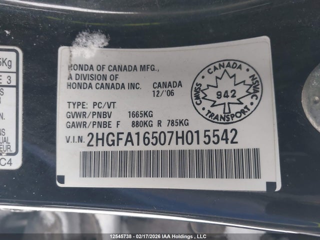 Продаж на аукціоні авто 2007 Honda Civic Lx, vin: 2HGFA16507H015542, номер лоту: 12545738