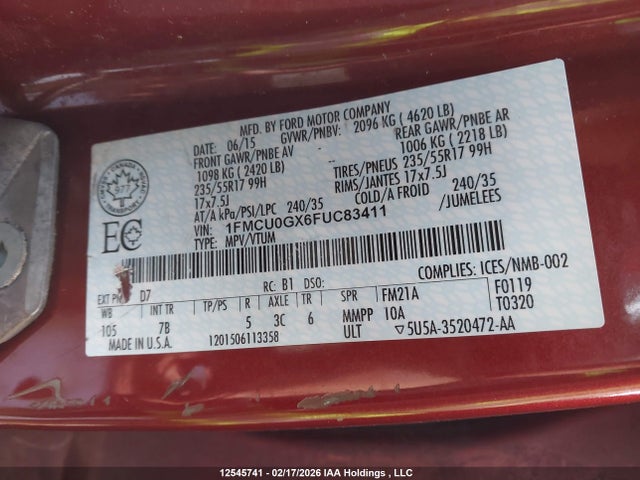1FMCU0GX6FUC83411 Ford ESCAPE SE