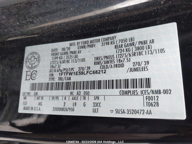 1FTFW1E59LFC68212 Ford F150 Supercrew