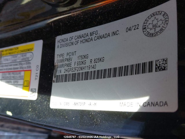 2HGFE2F20NH119140 Honda Civic Lx