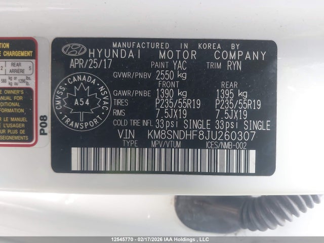 KM8SNDHF8JU260307 Hyundai Santa Fe Xl Limited