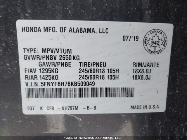 2019 Honda Pilot Ex-l Navi მანქანა იყიდება აუქციონზე, vin: 5FNYF6H76KB509049, აუქციონის ნომერი: 12545773