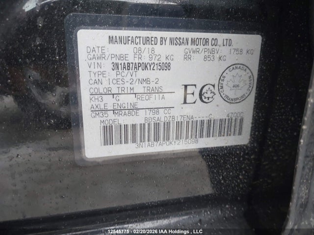 3N1AB7AP0KY215098 Nissan Sentra 1.8 S/1.8 Sv