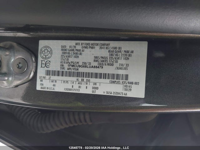 Aukcja sprzedaży 2020 Ford Escape Se, vin: 1FMCU9G68LUA88479, numer aukcji: 12545778