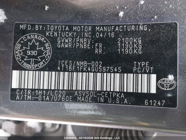 12545802 :رقم المزاد ، 4T1BF1FK4GU597545 vin ، 2016 Toyota Camry Xse مزاد بيع