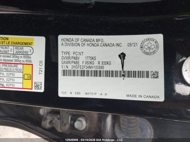 12545808 :رقم المزاد ، 2HGFE2F34NH100986 vin ، 2022 Honda Civic Ex 4dr مزاد بيع