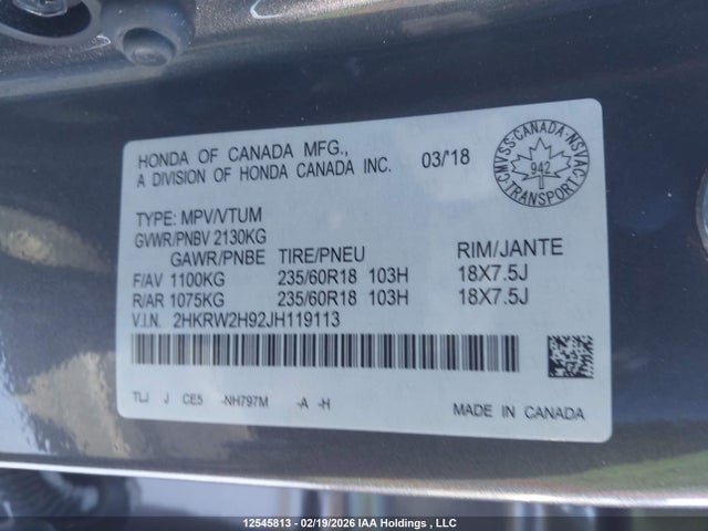 2HKRW2H92JH119113 Honda Cr-v Touring