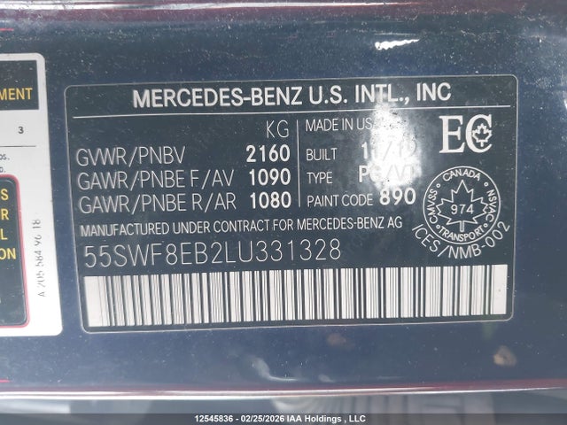 12545836 :رقم المزاد ، 55SWF8EB2LU331328 vin ، 2020 Mercedes-benz C 300 4matic مزاد بيع