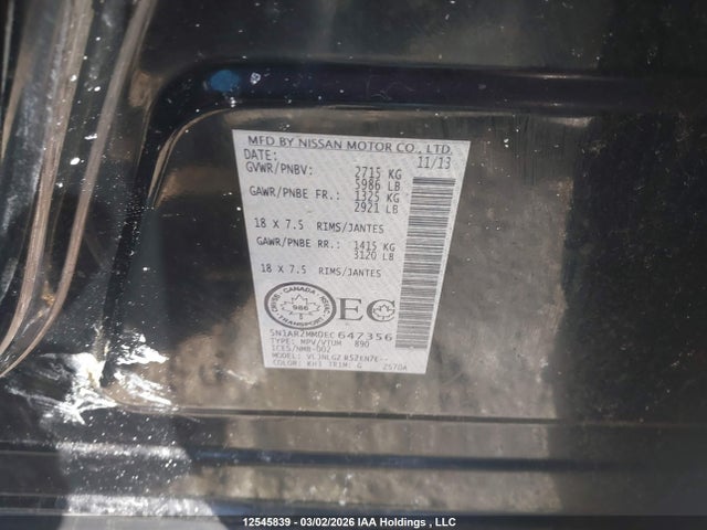 12545839 :رقم المزاد ، 5N1AR2MM0EC647356 vin ، 2014 Nissan Pathfinder مزاد بيع