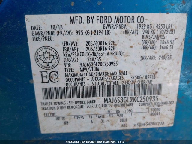 Aukcja sprzedaży 2019 Ford Ecosport Se, vin: MAJ6S3GL2KC250935, numer aukcji: 12545843