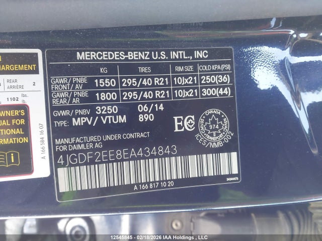 12545845 :رقم المزاد ، 4JGDF2EE8EA434843 vin ، 2014 Mercedes-benz Gl 350 Bluetec مزاد بيع