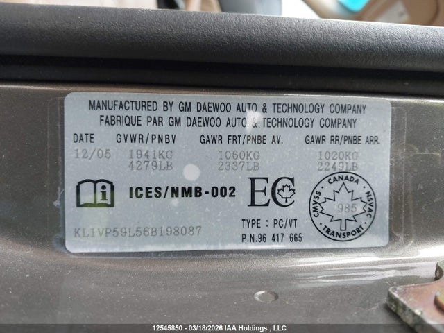 Продаж на аукціоні авто 2006 Chevrolet Epica, vin: KL1VP59L56B198087, номер лоту: 12545850
