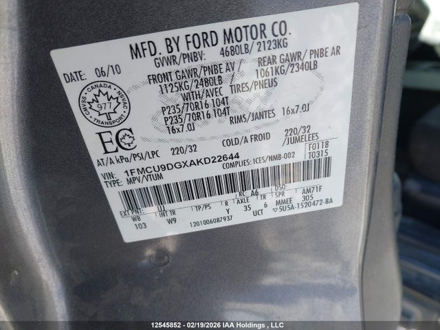 12545852 :رقم المزاد ، 1FMCU9DGXAKD22644 vin ، 2010 Ford Escape Xlt Automatic مزاد بيع