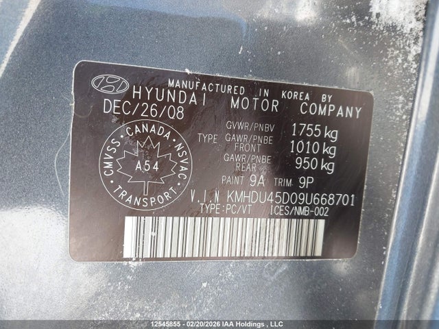12545855 :رقم المزاد ، KMHDU45D09U668701 vin ، 2009 Hyundai Elantra Gl/l مزاد بيع