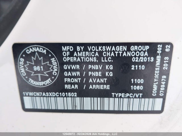 12545872 :رقم المزاد ، 1VWCN7A3XDC101502 vin ، 2013 Volkswagen Passat Sel مزاد بيع