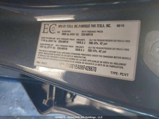 Aukcja sprzedaży 2019 Tesla Model 3, vin: 5YJ3E1EAXKF428670, numer aukcji: 12545875