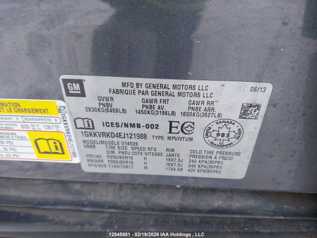 Aukcja sprzedaży 2014 Gmc Acadia Slt1, vin: 1GKKVRKD4EJ121988, numer aukcji: 12545881