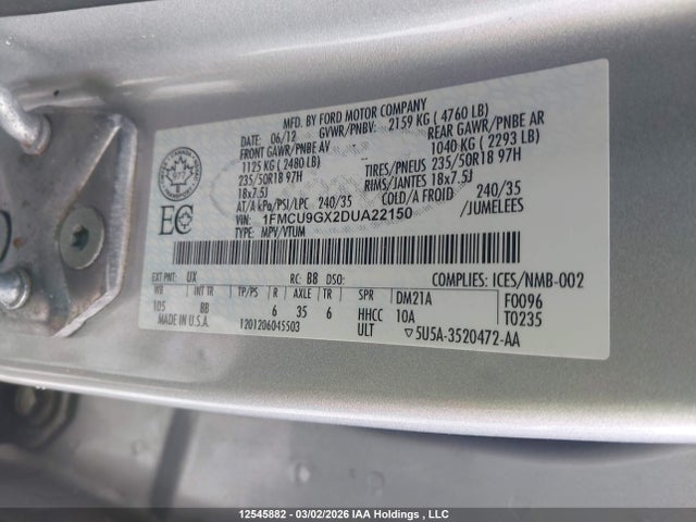 2013 Ford Escape Se მანქანა იყიდება აუქციონზე, vin: 1FMCU9GX2DUA22150, აუქციონის ნომერი: 12545882