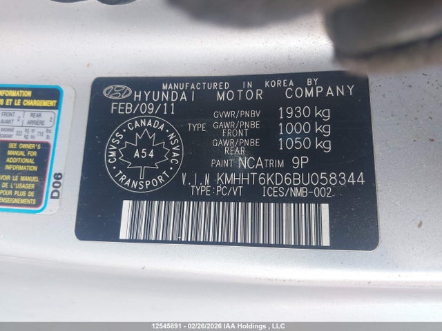 12545891 :رقم المزاد ، KMHHT6KD6BU058344 vin ، 2011 Hyundai Genesis 2.0t Premium مزاد بيع