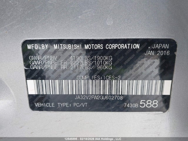Aukcja sprzedaży 2016 Mitsubishi Lancer Es/se/sel, vin: JA32V2FW2GU602708, numer aukcji: 12545895