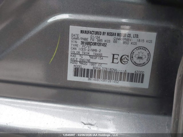 Продаж на аукціоні авто 2024 Nissan Sentra Sv, vin: 3N1AB8CV9RY281452, номер лоту: 12545897