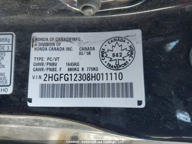 Aukcja sprzedaży 2008 Honda Civic, vin: 2HGFG12308H011110, numer aukcji: 12545925