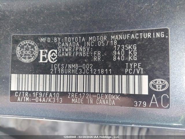 Продаж на аукціоні авто 2018 Toyota Corolla, vin: 2T1BURHE3JC121811, номер лоту: 12545948
