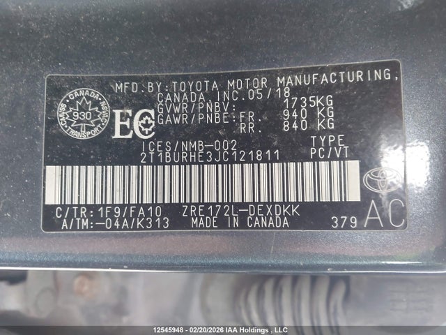 Продаж на аукціоні авто 2018 Toyota Corolla, vin: 2T1BURHE3JC121811, номер лоту: 12545948