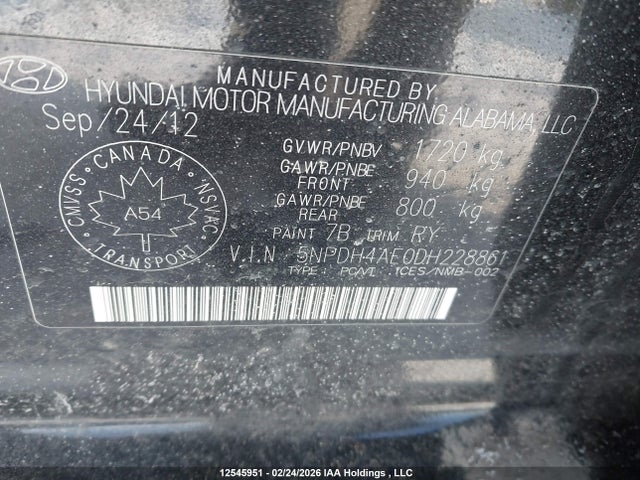2013 Hyundai Elantra Limited მანქანა იყიდება აუქციონზე, vin: 5NPDH4AE0DH228861, აუქციონის ნომერი: 12545951