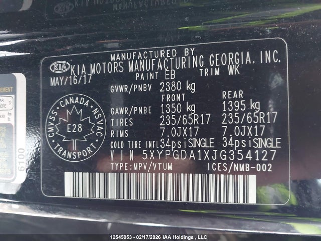5XYPGDA1XJG354127 KIA Sorento 2.0l Lx