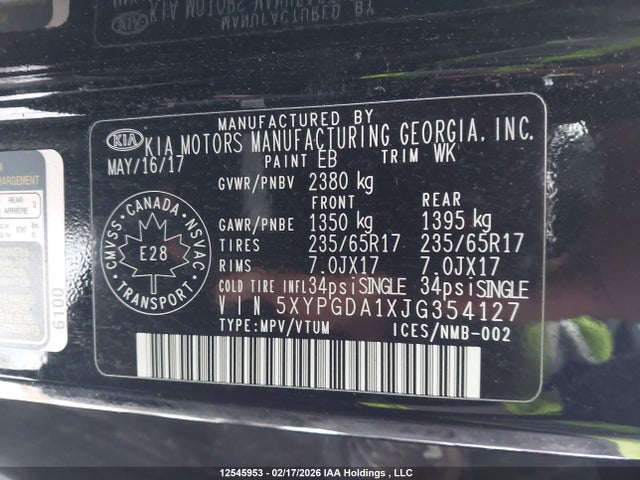 5XYPGDA1XJG354127 KIA Sorento 2.0l Lx