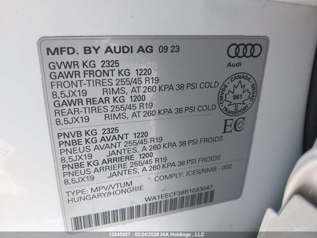 Aukcja sprzedaży 2024 Audi Q3 Premium Plus S Line 45, vin: WA1EECF38R1033047, numer aukcji: 12545957