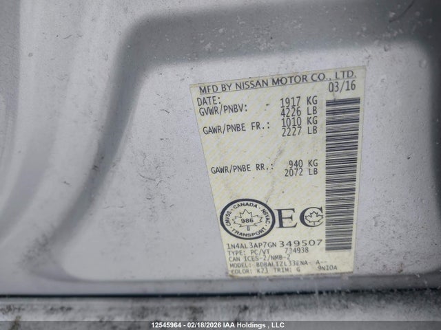 12545964 :رقم المزاد ، 1N4AL3AP7GN349507 vin ، 2016 Nissan Altima 2.5/2.5 S/2.5 Sl Tech/2.5 Sr/2.5 Sv مزاد بيع