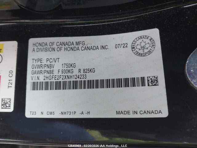 2022 Honda Civic Lx მანქანა იყიდება აუქციონზე, vin: 2HGFE2F2XNH124233, აუქციონის ნომერი: 12545969