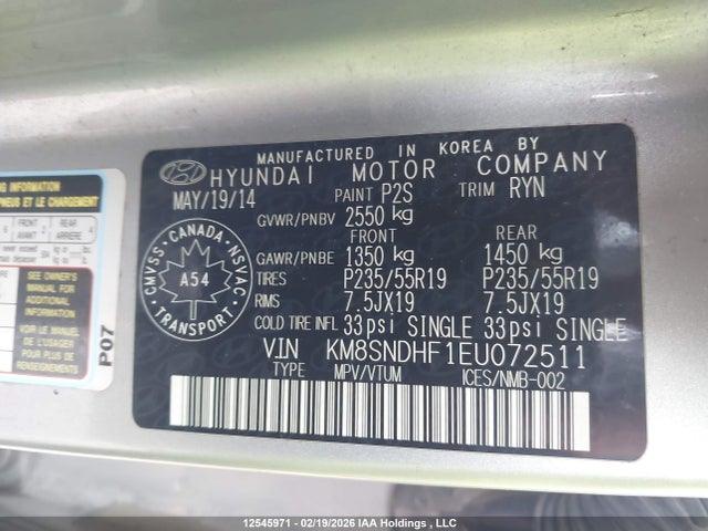 Продаж на аукціоні авто 2014 Hyundai Santa Fe Gls, vin: KM8SNDHF1EU072511, номер лоту: 12545971