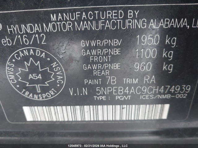 Aukcja sprzedaży 2012 Hyundai Sonata Gl, vin: 5NPEB4AC9CH474939, numer aukcji: 12545973