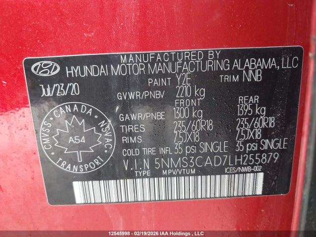 5NMS3CAD7LH255879 Hyundai Santa Fe Preferred Awd With Sun And Leather Package
