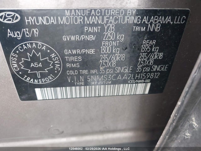 Продажа на аукционе авто 2020 Hyundai Santa Fe Preferred Turbo Awd With Sun And Leather Package, vin: 5NMS3CAA2LH159812, номер лота: 12546002