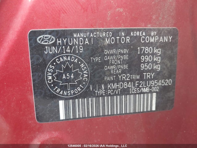 12546005 :رقم المزاد ، KMHD84LF2LU954520 vin ، 2020 Hyundai Elantra Sel/value/limited مزاد بيع