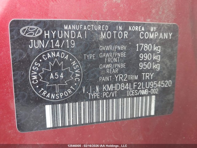 12546005 :رقم المزاد ، KMHD84LF2LU954520 vin ، 2020 Hyundai Elantra Sel/value/limited مزاد بيع