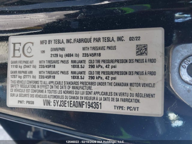 12546022 :رقم المزاد ، 5YJ3E1EA0NF194351 vin ، 2022 Tesla Model 3 Rwd/standard Range مزاد بيع
