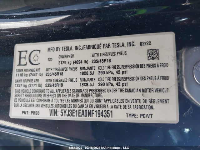 12546022 :رقم المزاد ، 5YJ3E1EA0NF194351 vin ، 2022 Tesla Model 3 Rwd/standard Range مزاد بيع
