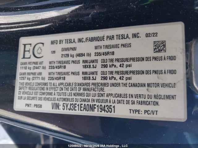 12546022 :رقم المزاد ، 5YJ3E1EA0NF194351 vin ، 2022 Tesla Model 3 Rwd/standard Range مزاد بيع