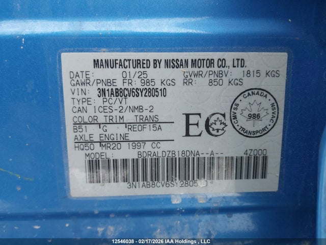 Продажа на аукционе авто 2025 Nissan Sentra Sv, vin: 3N1AB8CV6SY280510, номер лота: 12546038