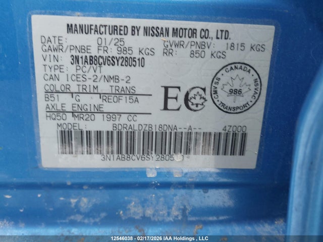 Продажа на аукционе авто 2025 Nissan Sentra Sv, vin: 3N1AB8CV6SY280510, номер лота: 12546038
