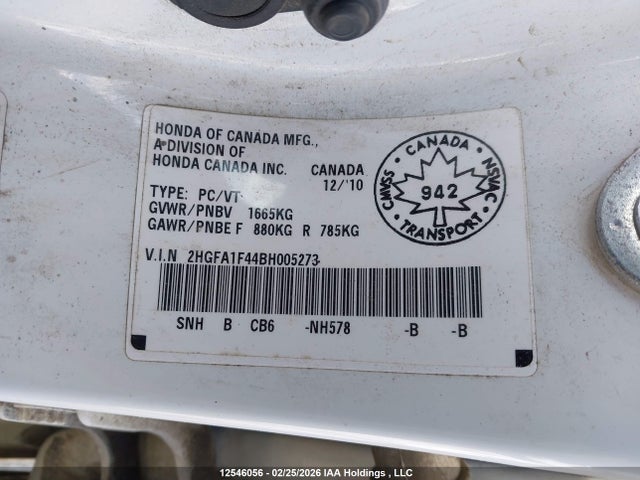 12546056 :رقم المزاد ، 2HGFA1F44BH005273 vin ، 2011 Honda Civic Dx-g مزاد بيع