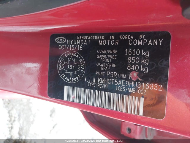 KMHCT5AE9HU316332 Hyundai Accent